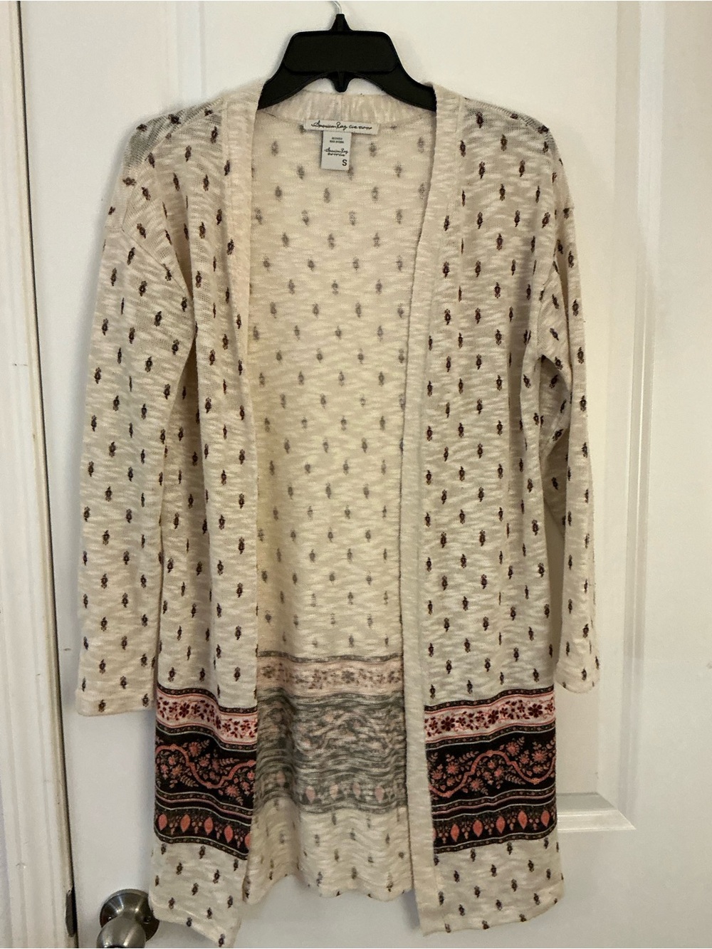 American Rag Cream Boho Duster Cardigan Size S Open Front Geometric Knit Long